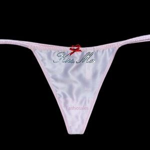 Victorias Secret Dream Angels Satin Rhinestone KISS ME V String Thong Panty Pink